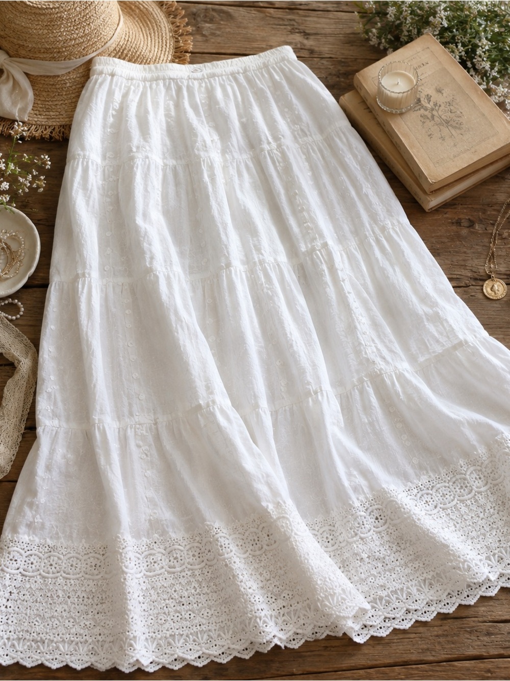 Studio West White Cotton Maxi Skirt M Eyelet Embroidery Lace Boho - Picture 2 of 12